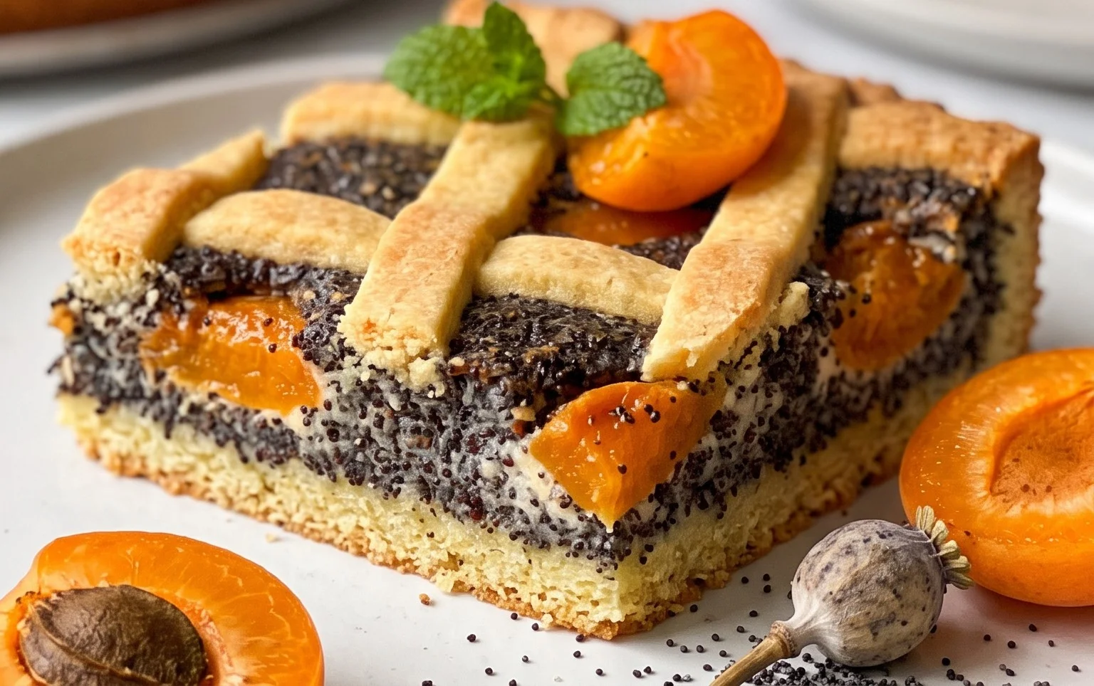 Mohn-Topfengitter-Kuchen mit Marillen