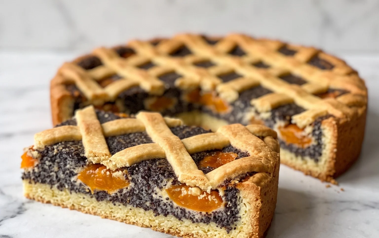 Mohn-Topfengitter-Kuchen mit Marillen: Fruchtig & Cremig